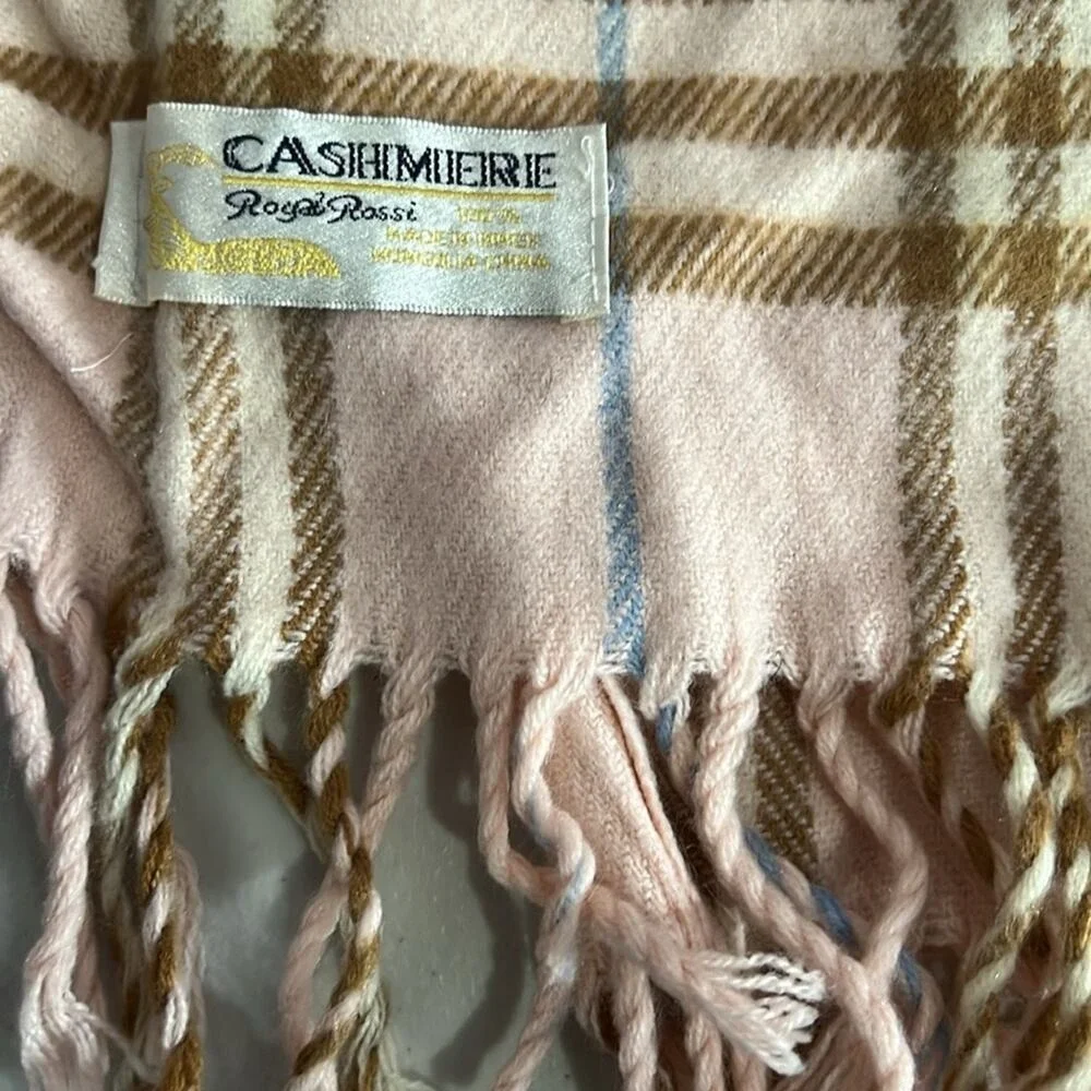 Royal‎ Rossi Scarf Womens OS Pink Plaid Excellent 100% Cashmere Fringe Accent